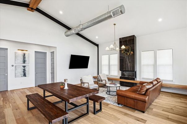 Dining room, Fireplace, Interior, Living room, Pendant Lights, Recessed Lighting, Wood Texture Flooring
