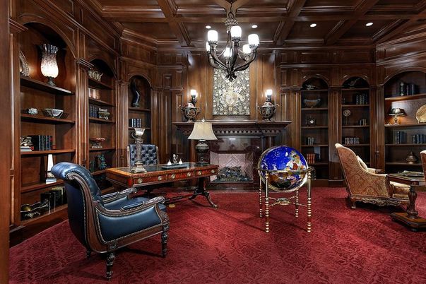 Chandelier, Home Office, Interior, Recessed Lighting, Wooden Beams, Wooden Ceilings, Wooden Walls