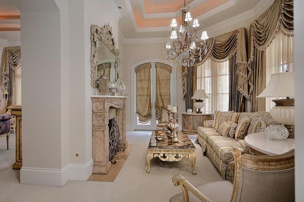 Chandelier, Fireplace, Interior, Living room