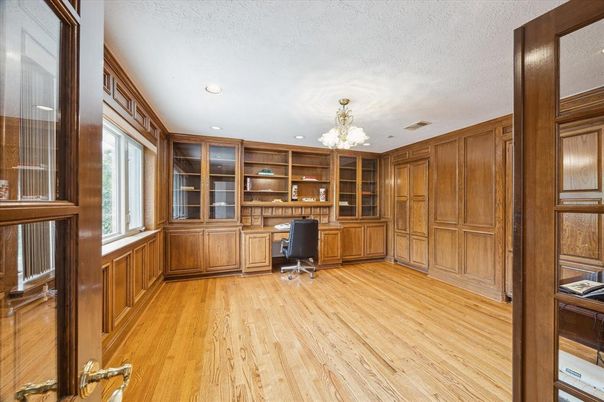 Chandelier, Home Office, Interior, Recessed Lighting, Wood Texture Flooring, Wooden Walls