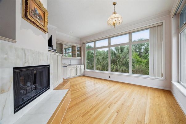 Fireplace, Interior, Recessed Lighting, Wood Texture Flooring