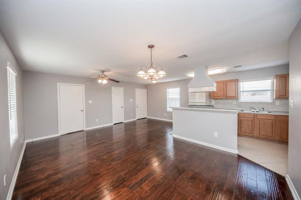Chandelier, Empty room, Interior, Kitchen, Pendant Lights, Wood Texture Flooring