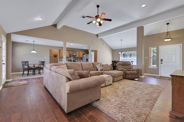 Dining room, Interior, Kitchen, Living room, Pendant Lights, Recessed Lighting, Wood Texture Flooring