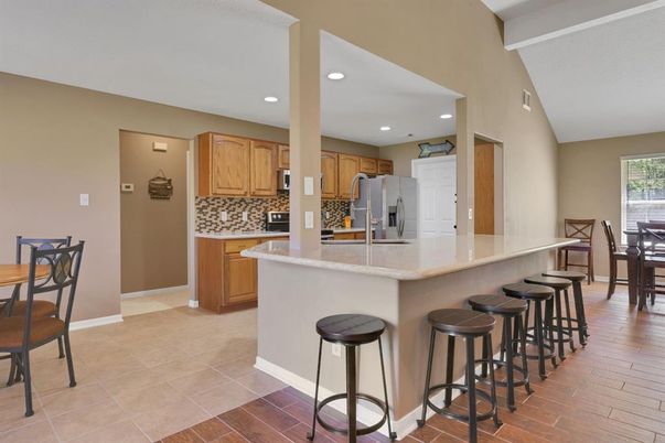 Dining room, Interior, Kitchen, Recessed Lighting, Wood Texture Flooring
