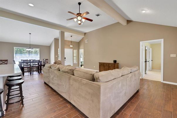 Dining room, Interior, Living room, Pendant Lights, Recessed Lighting, Wood Texture Flooring