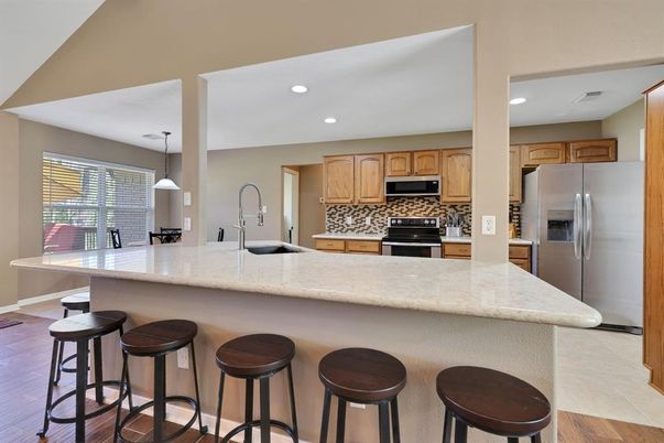 Interior, Kitchen, Pendant Lights, Recessed Lighting, Stainless Steel Appliances, Wood Texture Flooring