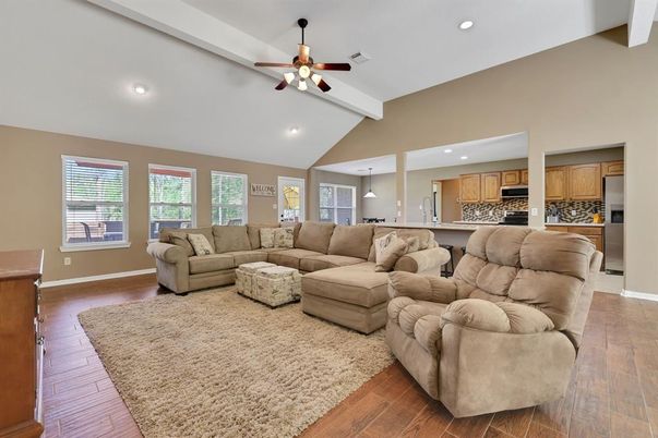 Interior, Kitchen, Living room, Recessed Lighting, Stainless Steel Appliances, Wood Texture Flooring