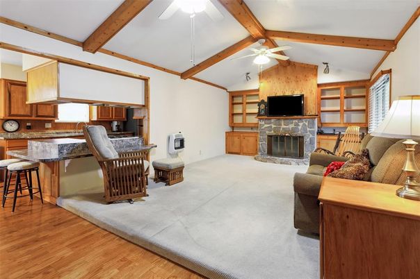 Fireplace, Interior, Kitchen, Living room, Wooden Beams, Wood Texture Flooring