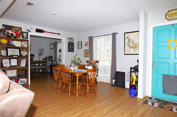 Dining room, Interior, Recessed Lighting, Wood Texture Flooring
