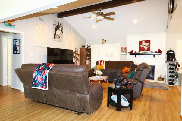 Fireplace, Interior, Living room, Recessed Lighting, Stone Walls, Wooden Beams, Wood Texture Flooring