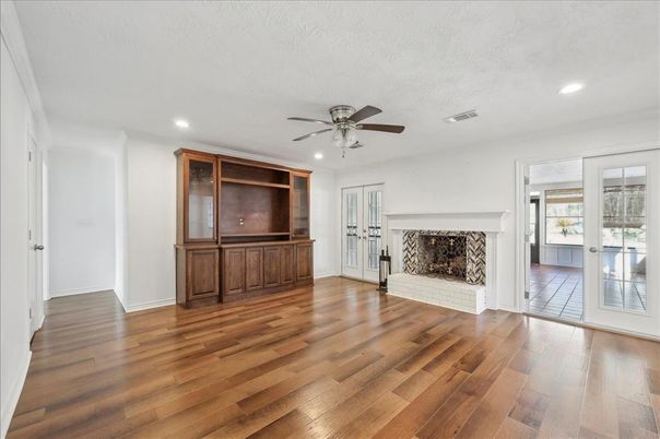Empty room, Fireplace, Interior, Recessed Lighting, Wood Texture Flooring