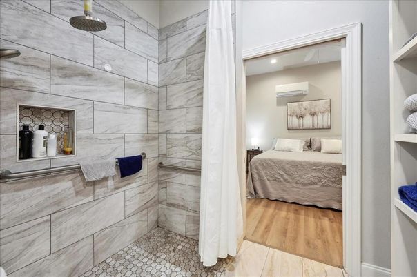 Bathroom, Bedroom, Interior, Marble Walls, Recessed Lighting, Wood Texture Flooring