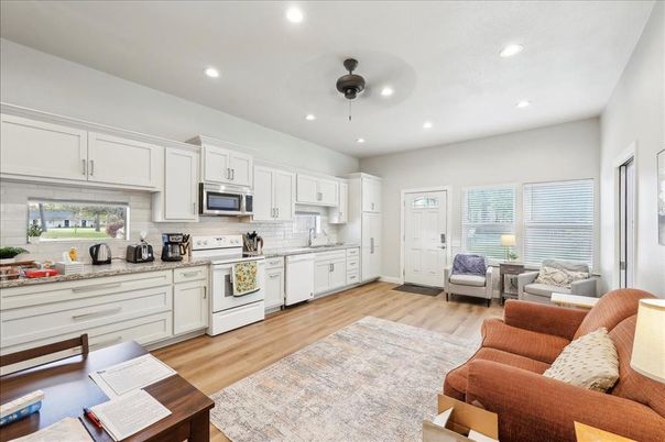 Interior, Kitchen, Living room, Recessed Lighting, Stainless Steel Appliances, Wood Texture Flooring