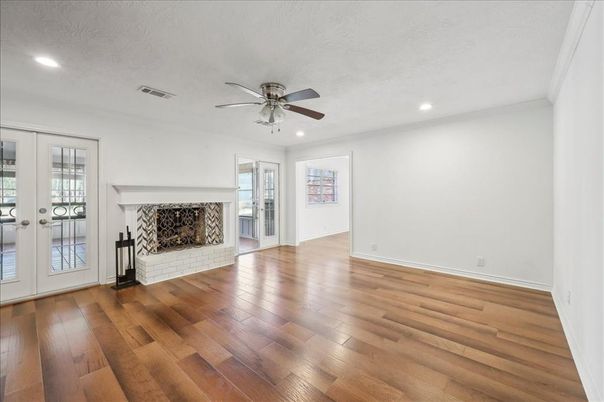 Empty room, Fireplace, Interior, Recessed Lighting, Wood Texture Flooring