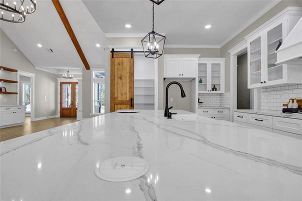 Interior, Kitchen, Pendant Lights, Recessed Lighting, Wooden Beams, Wood Texture Flooring