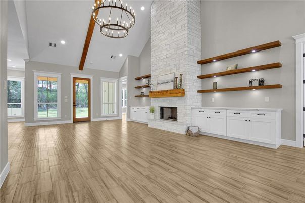 Fireplace, Interior, Pendant Lights, Recessed Lighting, Stone Walls, Wooden Beams, Wood Texture Flooring