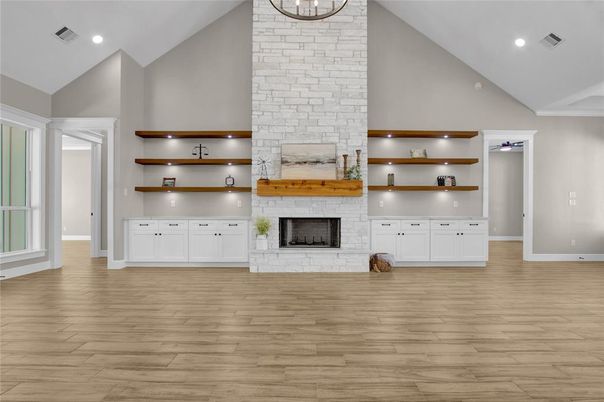 Fireplace, Interior, Recessed Lighting, Stone Walls, Wood Texture Flooring