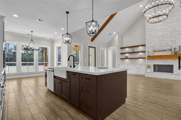 Fireplace, Interior, Kitchen, Pendant Lights, Recessed Lighting, Stone Walls, Wood Texture Flooring