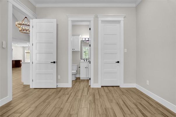 Bathroom, Chandelier, Interior, Wood Texture Flooring