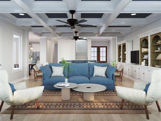 Interior, Living room, Pendant Lights, Recessed Lighting, Wood Texture Flooring