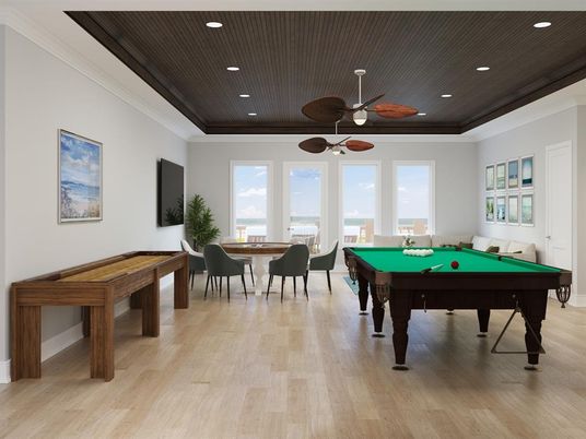 Billiard Table, Game Room, Interior, Recessed Lighting, Water, Wood Texture Flooring