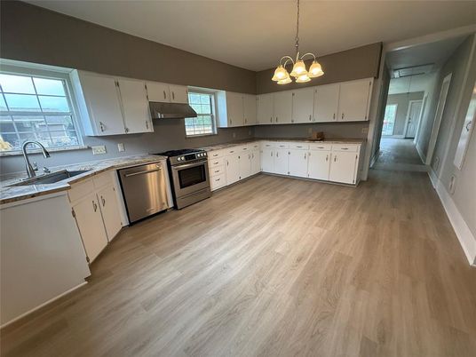 Interior, Kitchen, Pendant Lights, Stainless Steel Appliances, Wood Texture Flooring
