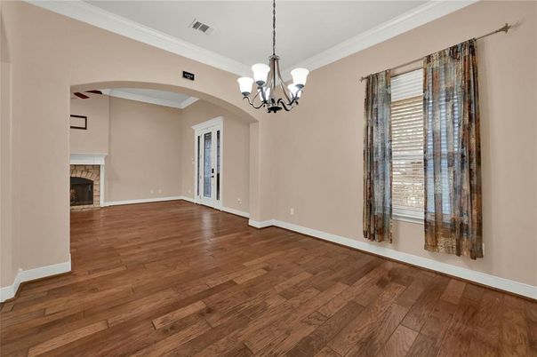 Chandelier, Empty room, Fireplace, Interior, Wood Texture Flooring