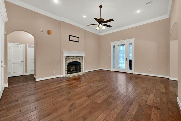 Empty room, Fireplace, Interior, Recessed Lighting, Wood Texture Flooring