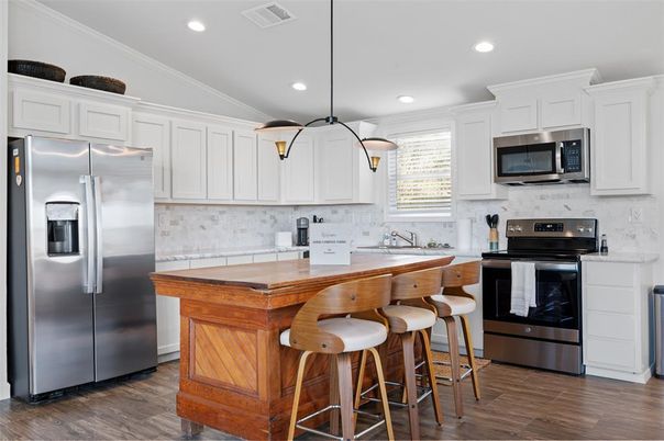 Interior, Kitchen, Pendant Lights, Recessed Lighting, Stainless Steel Appliances, Wood Texture Flooring