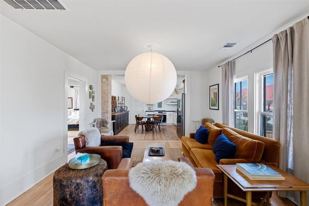 Dining room, Interior, Living room, Pendant Lights, Wood Texture Flooring