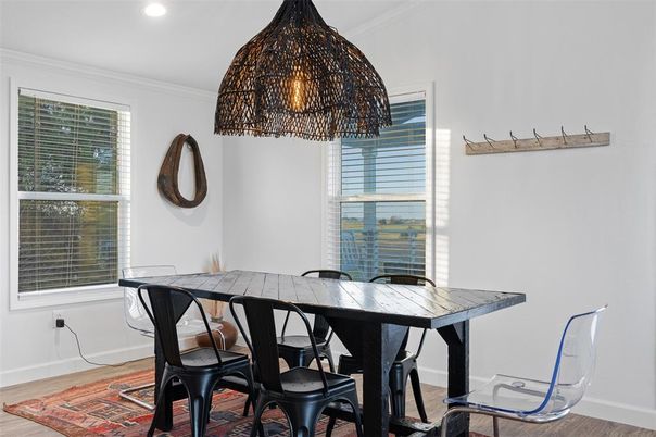 Dining room, Interior, Recessed Lighting, Wood Texture Flooring