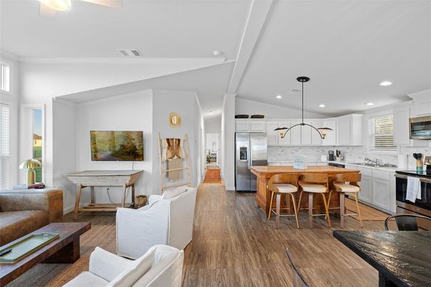 Interior, Kitchen, Pendant Lights, Recessed Lighting, Stainless Steel Appliances, Wood Texture Flooring