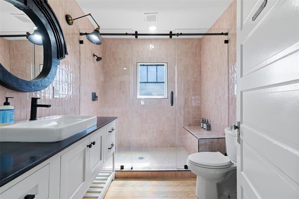 Bathroom, Glass Shower, Interior, Wood Texture Flooring