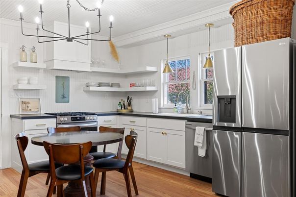 Interior, Kitchen, Pendant Lights, Stainless Steel Appliances, Wood Texture Flooring