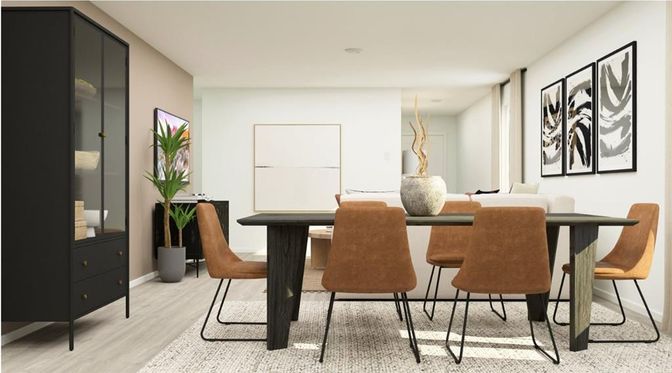 Dining room, Interior, Recessed Lighting, Wood Texture Flooring