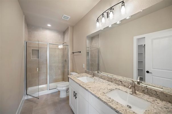 Bathroom, Dual Sink Vanities, Glass Shower, Interior, Recessed Lighting