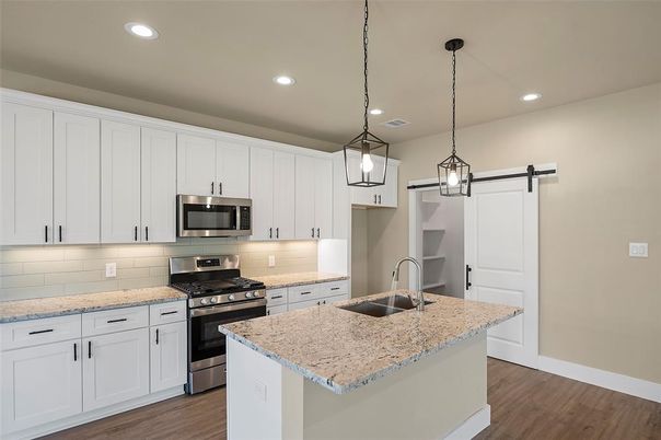 Interior, Kitchen, Pendant Lights, Recessed Lighting, Stainless Steel Appliances, Wood Texture Flooring