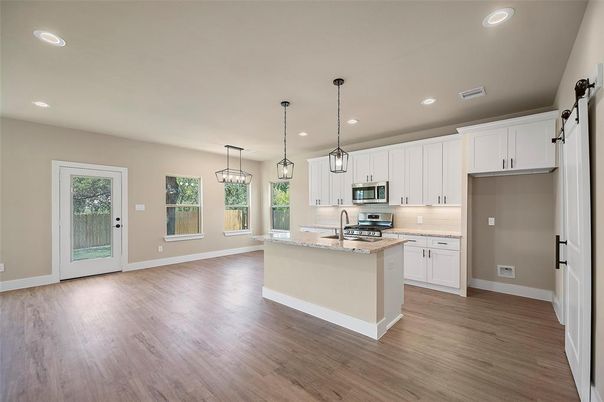 Interior, Kitchen, Pendant Lights, Recessed Lighting, Stainless Steel Appliances, Wood Texture Flooring