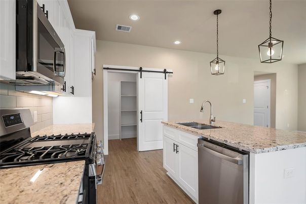 Interior, Kitchen, Pendant Lights, Recessed Lighting, Stainless Steel Appliances, Wood Texture Flooring