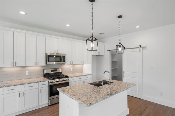 Interior, Kitchen, Pendant Lights, Recessed Lighting, Stainless Steel Appliances, Wood Texture Flooring