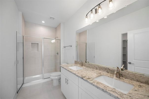Bathroom, Dual Sink Vanities, Glass Shower, Interior, Recessed Lighting