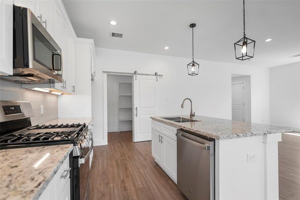 Interior, Kitchen, Pendant Lights, Recessed Lighting, Stainless Steel Appliances, Wood Texture Flooring