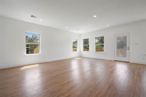 Empty room, Interior, Recessed Lighting, Wood Texture Flooring