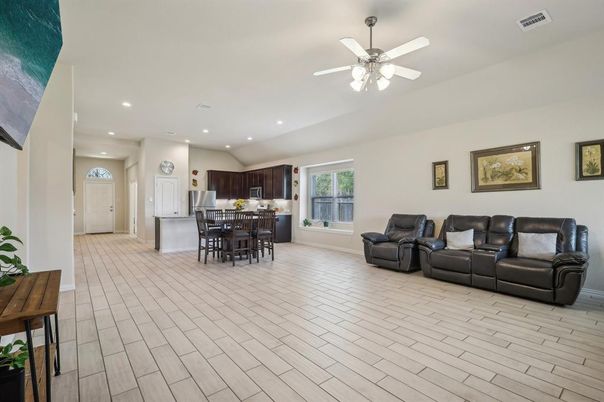 Dining room, Interior, Kitchen, Living room, Recessed Lighting, Wood Texture Flooring