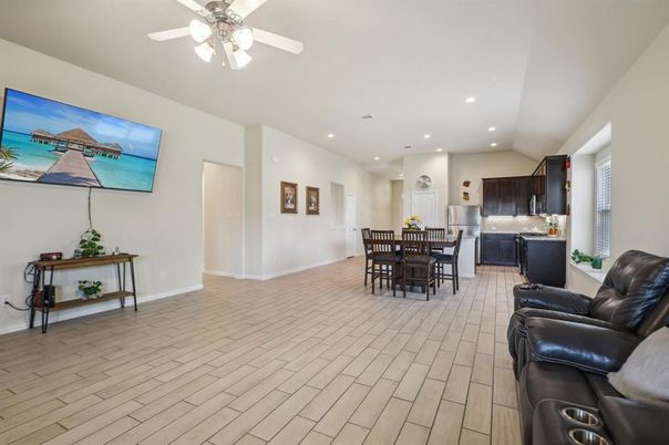 Dining room, Interior, Kitchen, Recessed Lighting, Wood Texture Flooring