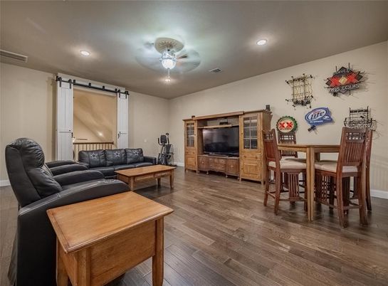 Dining room, Interior, Living room, Recessed Lighting, Wood Texture Flooring