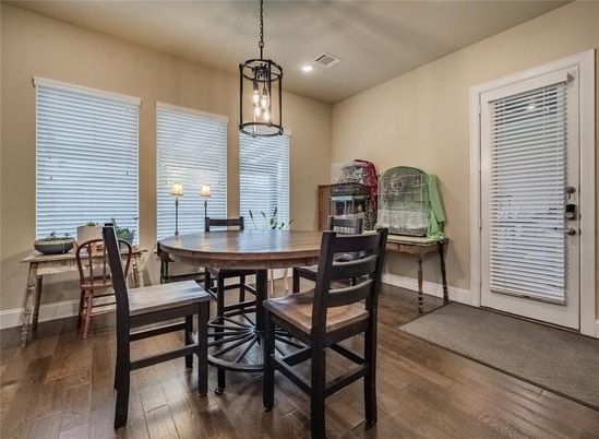 Dining room, Interior, Pendant Lights, Recessed Lighting, Wood Texture Flooring