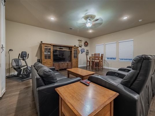 Dining room, Fitness Equipment, Interior, Living room, Recessed Lighting, Wood Texture Flooring