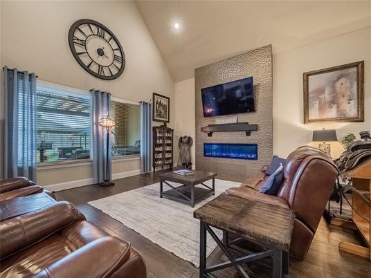 Fireplace, Interior, Living room, Recessed Lighting, Wood Texture Flooring