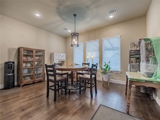 Dining room, Interior, Pendant Lights, Recessed Lighting, Wood Texture Flooring